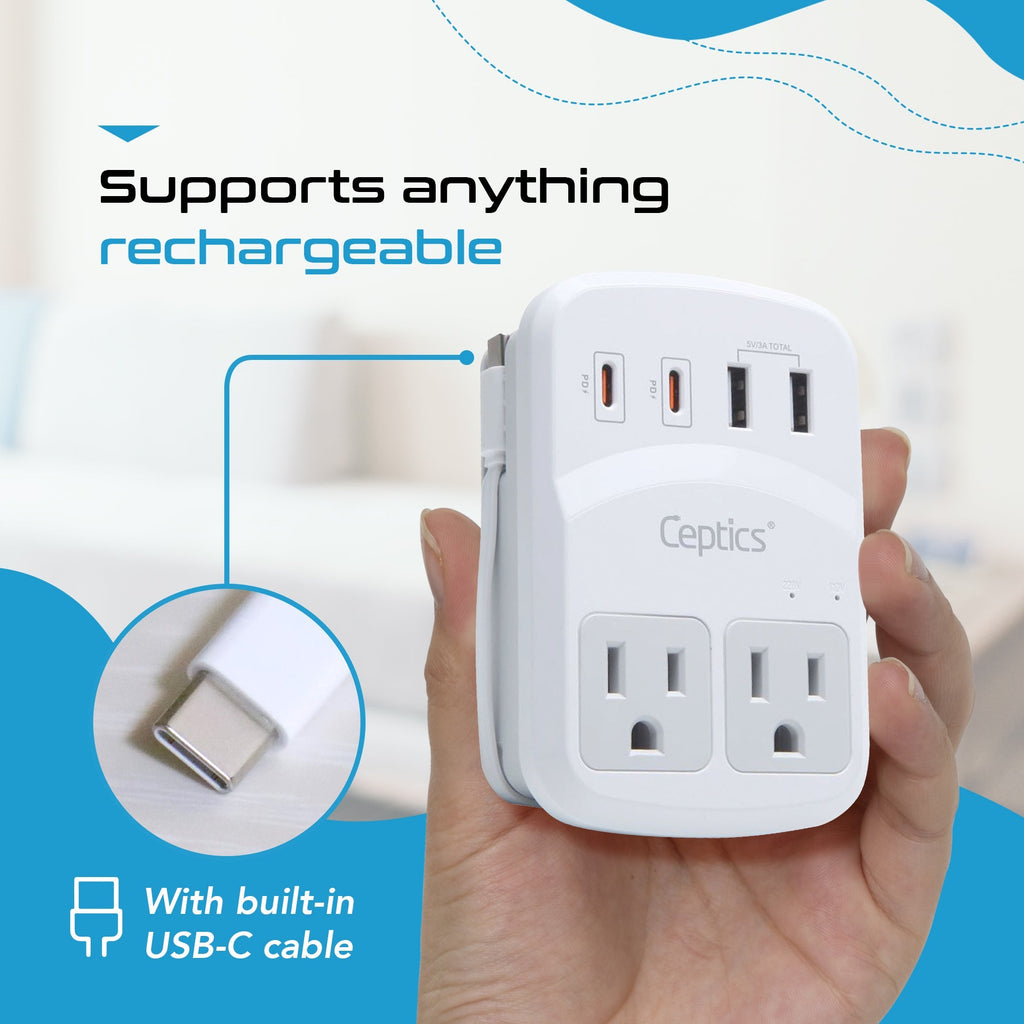 World-Way 6 Travel Adapter Kit | 2 USB-A + 2USB-C + 2 US Outlets - Grounded (WPS-5B) Ceptics