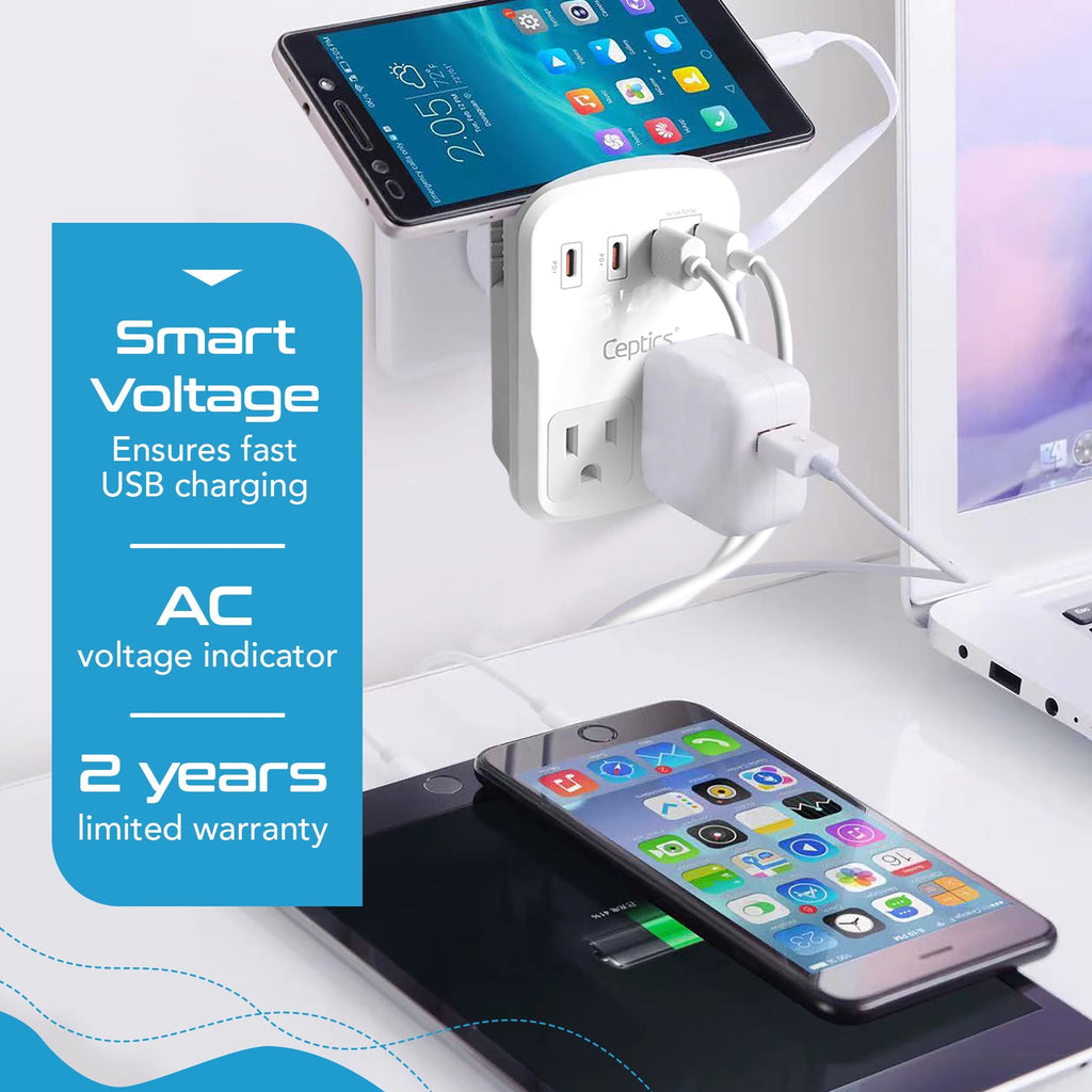 World-Way 6 Travel Adapter Kit | 2 USB-A + 2USB-C + 2 US Outlets - Grounded (WPS-5B) Ceptics