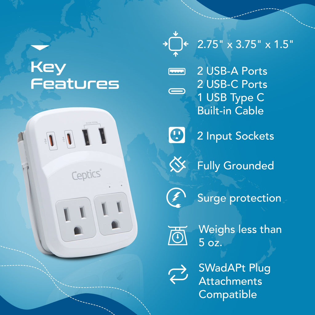 World-Way 6 Travel Adapter Kit | 2 USB-A + 2USB-C + 2 US Outlets - Grounded (WPS-5B) Ceptics