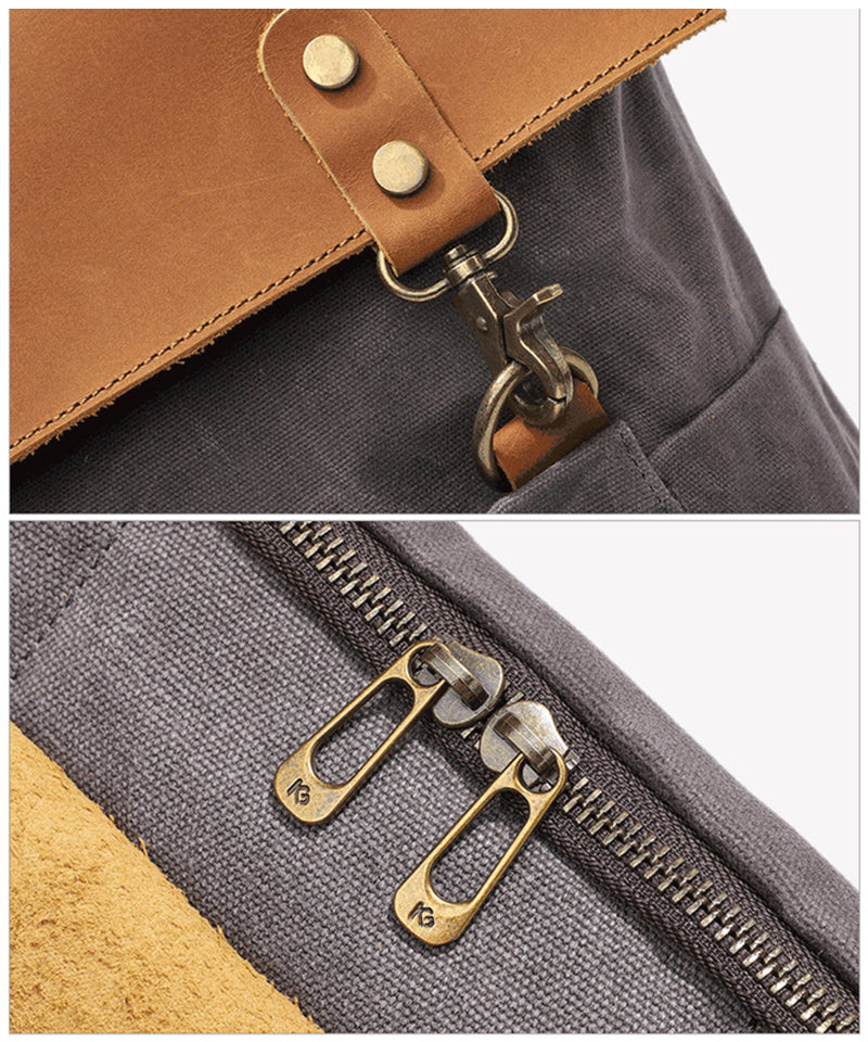 Waterproof Canvas Travel Backpack Full Grain Leather And Canvas Laptop Backpack Flap Cover Camera Backpack RockCow Leather Studio
