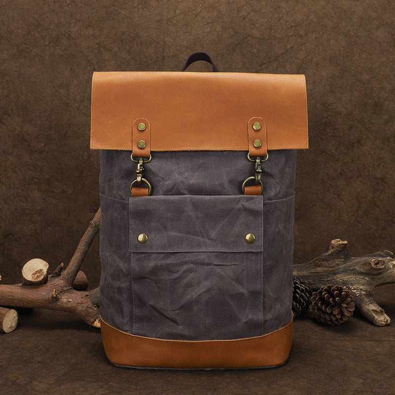 Waterproof Canvas Travel Backpack Full Grain Leather And Canvas Laptop Backpack Flap Cover Camera Backpack RockCow Leather Studio
