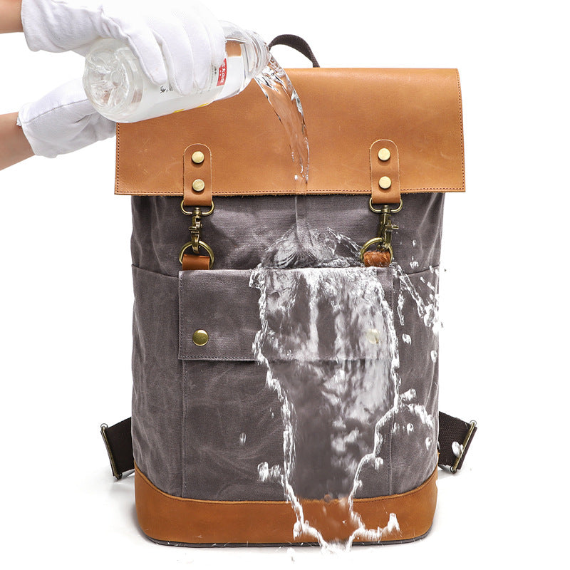 Waterproof Canvas Travel Backpack Full Grain Leather And Canvas Laptop Backpack Flap Cover Camera Backpack RockCow Leather Studio