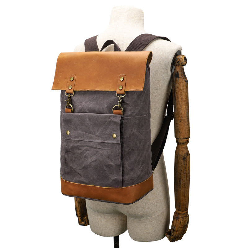 Waterproof Canvas Travel Backpack Full Grain Leather And Canvas Laptop Backpack Flap Cover Camera Backpack RockCow Leather Studio