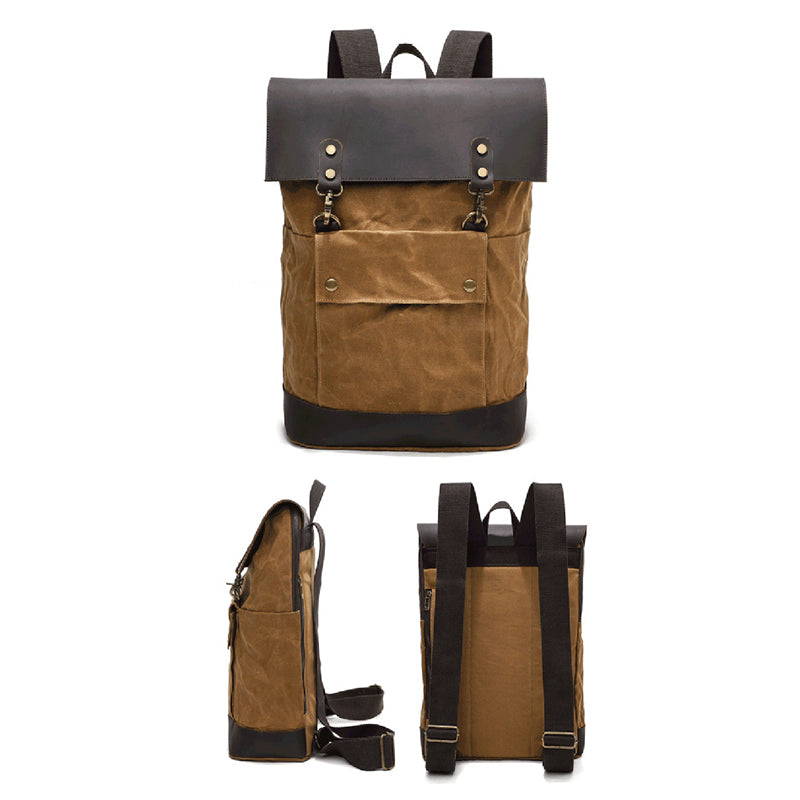 Waterproof Canvas Travel Backpack Full Grain Leather And Canvas Laptop Backpack Flap Cover Camera Backpack RockCow Leather Studio