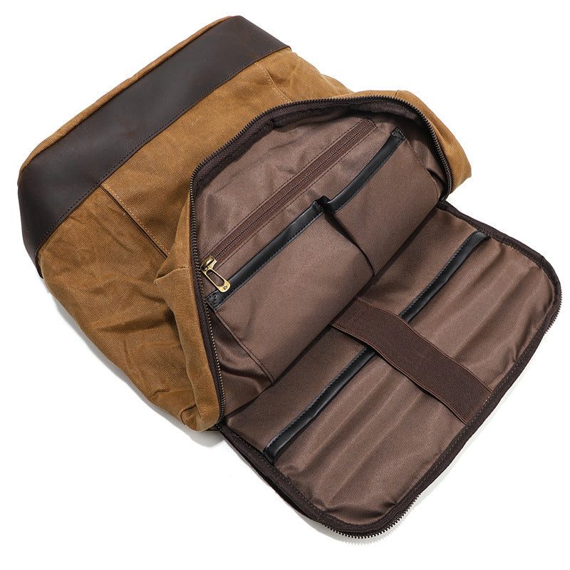 Waterproof Canvas Travel Backpack Full Grain Leather And Canvas Laptop Backpack Flap Cover Camera Backpack RockCow Leather Studio