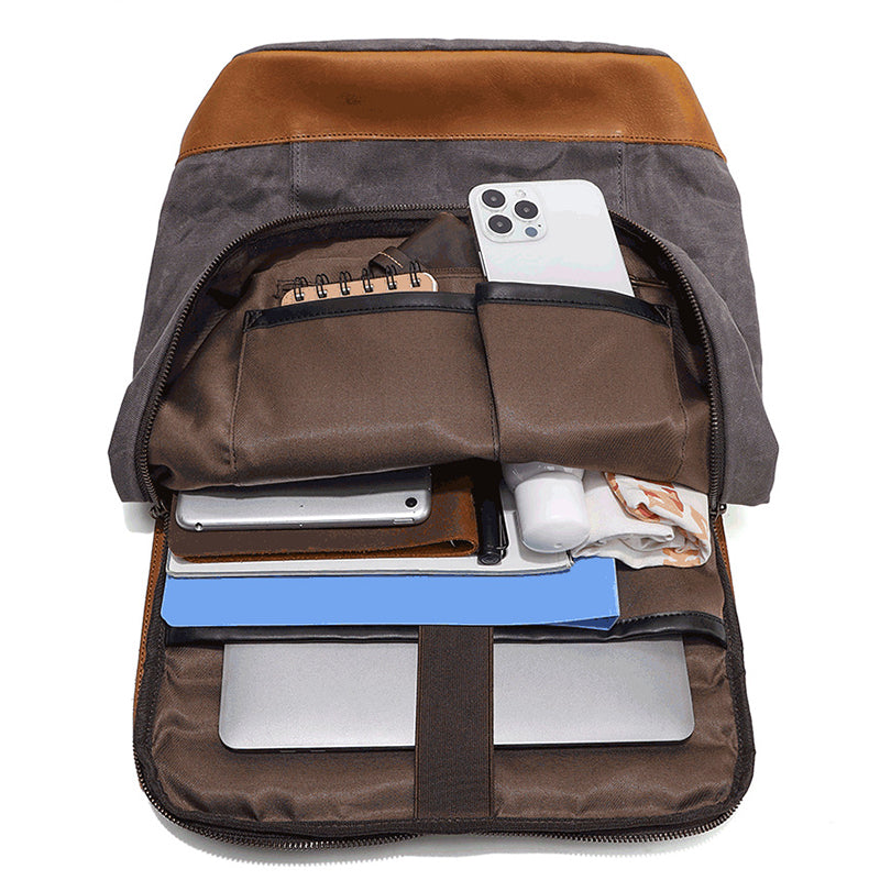 Waterproof Canvas Travel Backpack Full Grain Leather And Canvas Laptop Backpack Flap Cover Camera Backpack RockCow Leather Studio