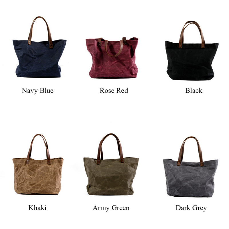 Waterproof Waxed Canvas Handbag Full Grain Leather With Canvas Tote Bag Vintage Style Big Shoulder Bag RockCow Leather Studio