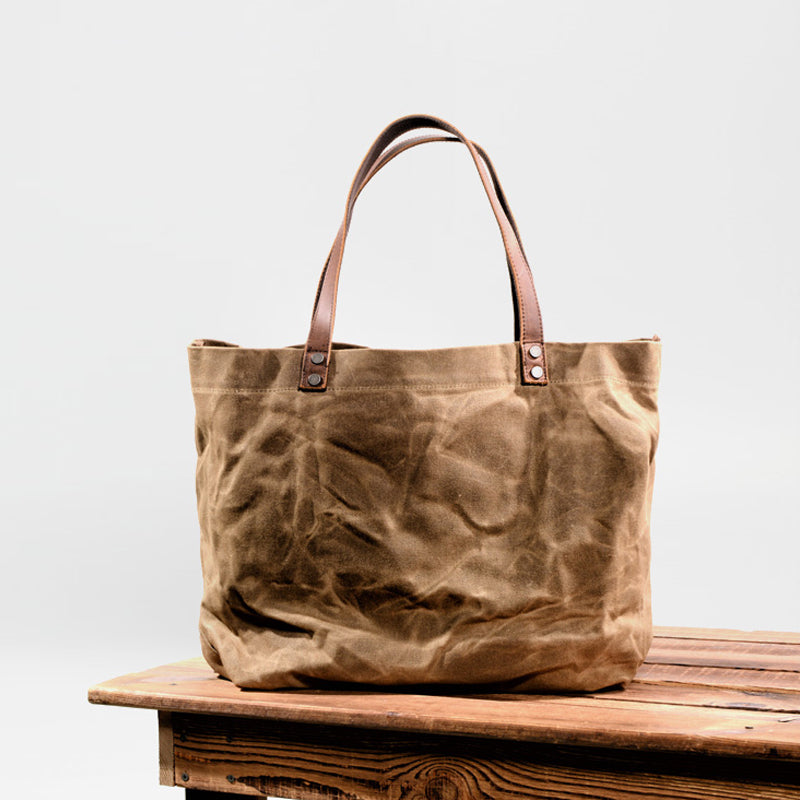 Waterproof Waxed Canvas Handbag Full Grain Leather With Canvas Tote Bag Vintage Style Big Shoulder Bag RockCow Leather Studio