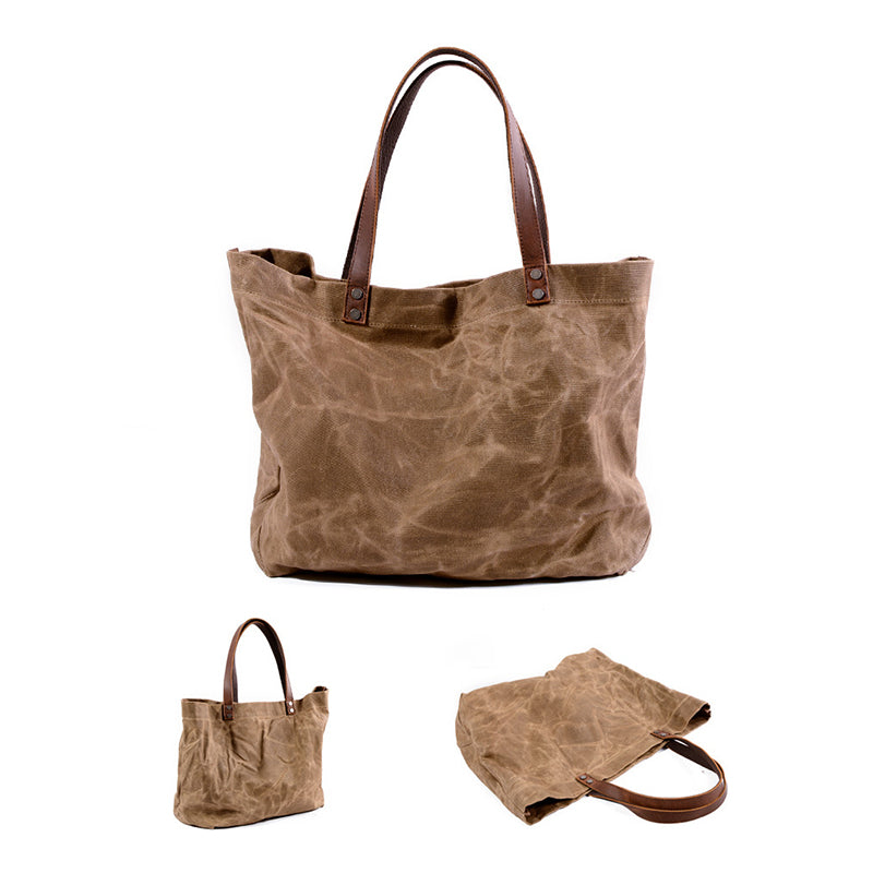 Waterproof Waxed Canvas Handbag Full Grain Leather With Canvas Tote Bag Vintage Style Big Shoulder Bag RockCow Leather Studio