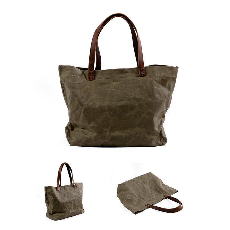 Waterproof Waxed Canvas Handbag Full Grain Leather With Canvas Tote Bag Vintage Style Big Shoulder Bag RockCow Leather Studio