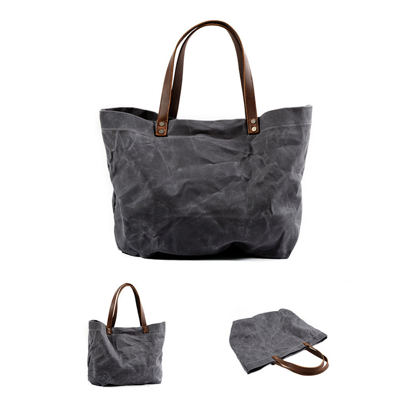 Waterproof Waxed Canvas Handbag Full Grain Leather With Canvas Tote Bag Vintage Style Big Shoulder Bag RockCow Leather Studio