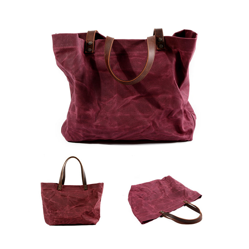 Waterproof Waxed Canvas Handbag Full Grain Leather With Canvas Tote Bag Vintage Style Big Shoulder Bag RockCow Leather Studio