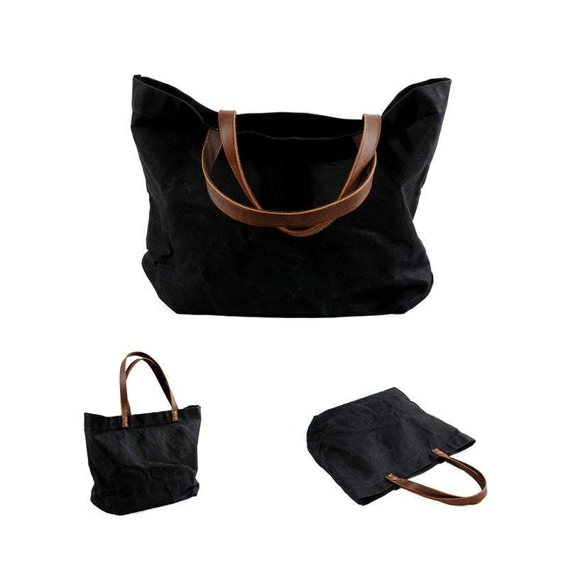 Waterproof Waxed Canvas Handbag Full Grain Leather With Canvas Tote Bag Vintage Style Big Shoulder Bag RockCow Leather Studio