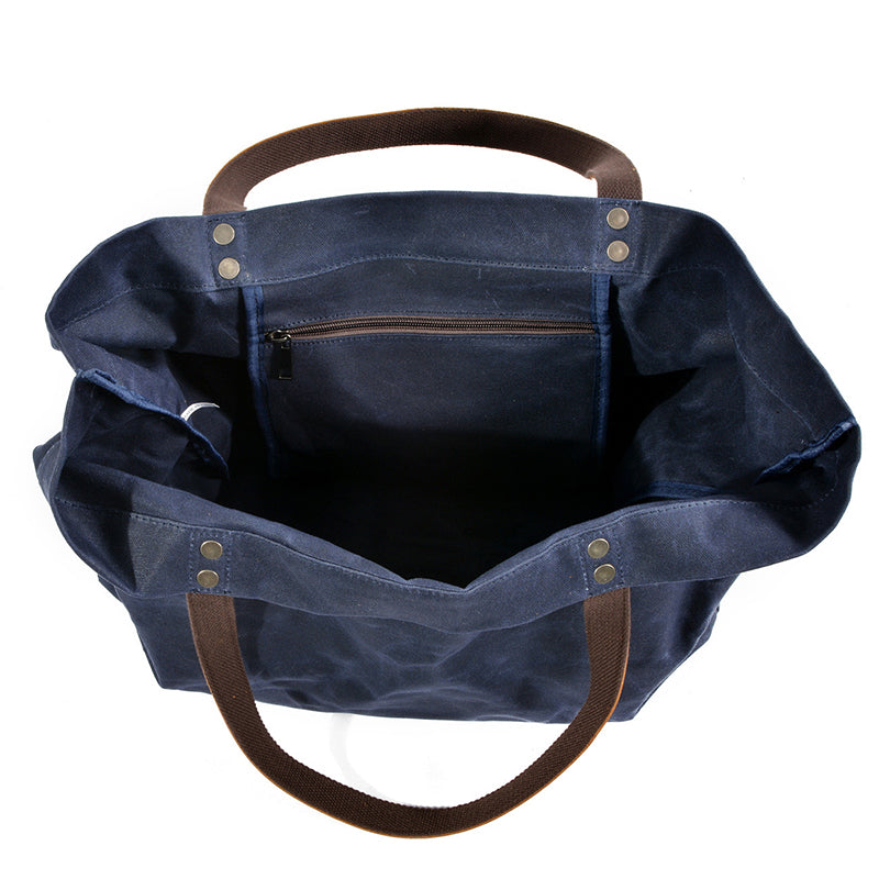 Waterproof Waxed Canvas Handbag Full Grain Leather With Canvas Tote Bag Vintage Style Big Shoulder Bag RockCow Leather Studio