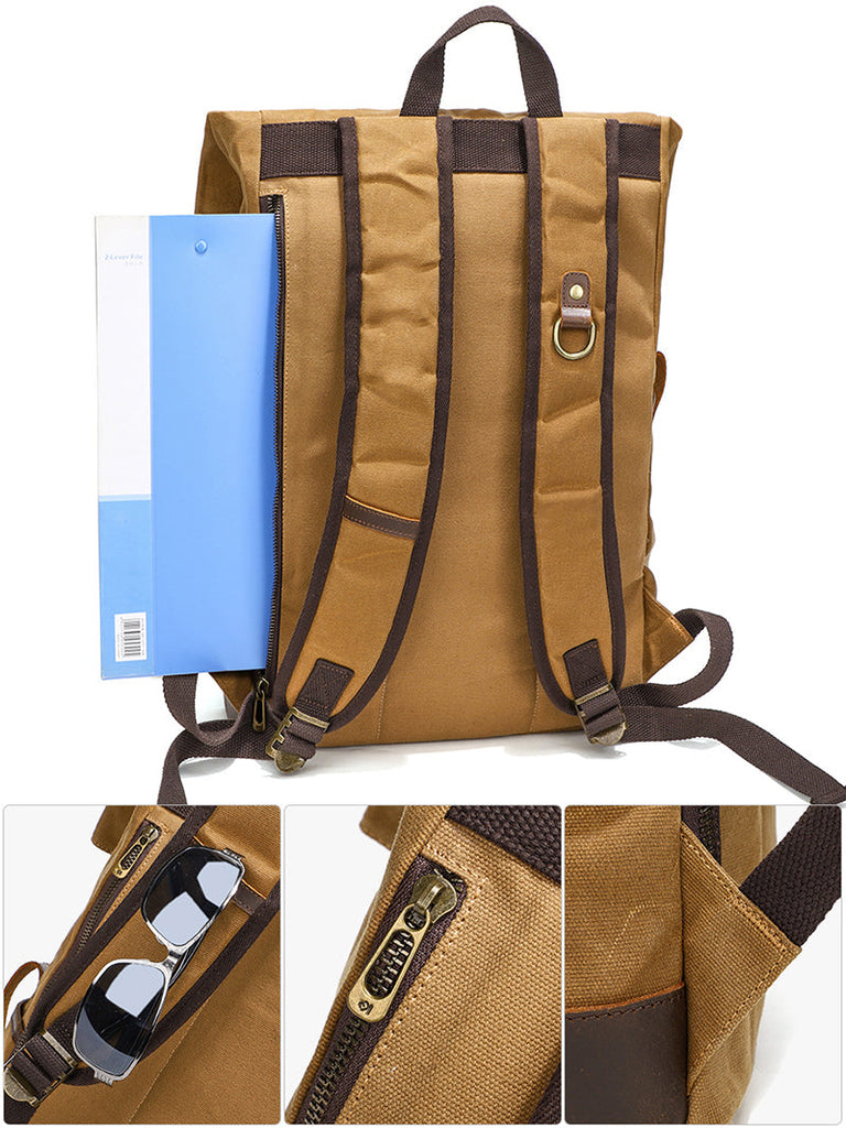 Waxed Canvas Backpack Canvas Rolltop Backpack Waterproof Canvas Laptop Backpack Large Capacity Travel Backpack RockCow Leather Studio