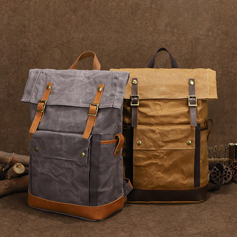 Waxed Canvas Backpack Canvas Rolltop Backpack Waterproof Canvas Laptop Backpack Large Capacity Travel Backpack RockCow Leather Studio