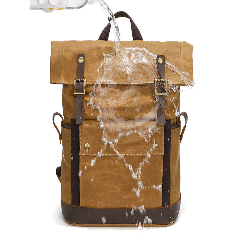 Waxed Canvas Backpack Canvas Rolltop Backpack Waterproof Canvas Laptop Backpack Large Capacity Travel Backpack RockCow Leather Studio
