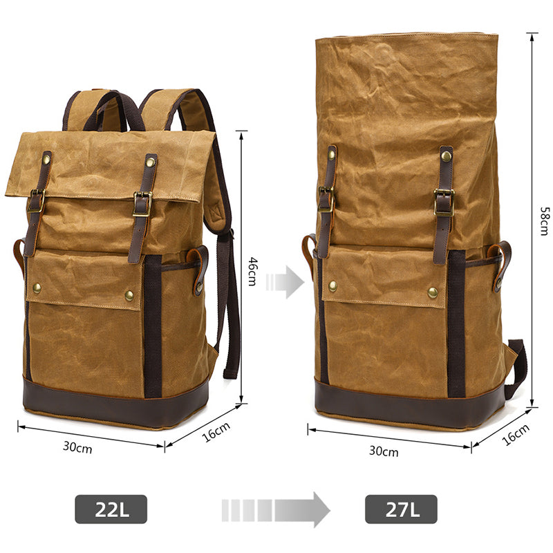 Waxed Canvas Backpack Canvas Rolltop Backpack Waterproof Canvas Laptop Backpack Large Capacity Travel Backpack RockCow Leather Studio