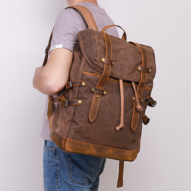 Waxed Canvas Backpack Mens Canvas With Leather Travel Backpack Retro Waterproof Canvas Laptop Backpack RockCow Leather Studio