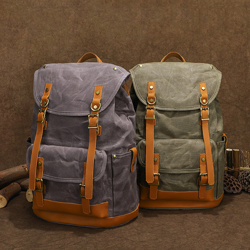 Waxed Canvas Backpack Retro Full Grain Leather And Canvas Travel Backpack Waterproof Outdoor Climbing Backpack RockCow Leather Studio