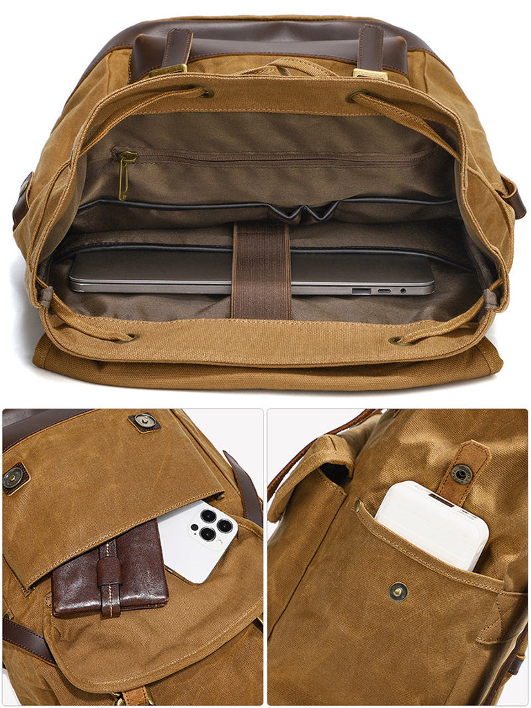 Waxed Canvas Backpack Retro Full Grain Leather And Canvas Travel Backpack Waterproof Outdoor Climbing Backpack RockCow Leather Studio