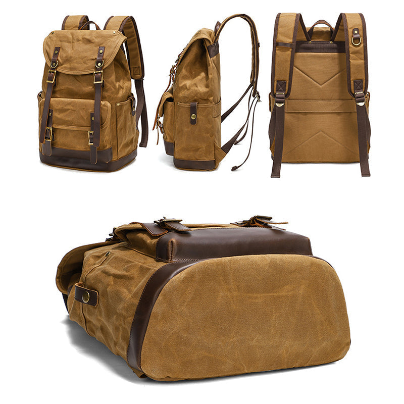 Waxed Canvas Backpack Retro Full Grain Leather And Canvas Travel Backpack Waterproof Outdoor Climbing Backpack RockCow Leather Studio