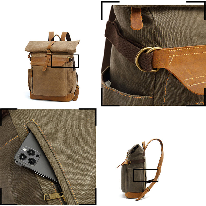 Waxed Canvas Leather Backpack Large Travel School Bag Mens Laptop Rucksack RockCow Leather Studio