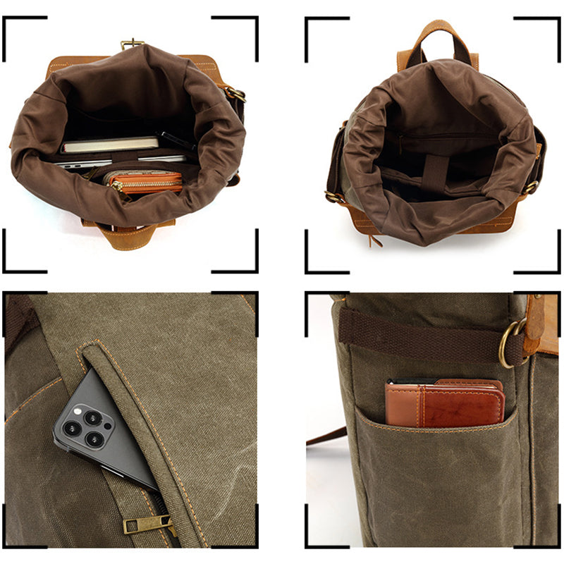 Waxed Canvas Leather Backpack Large Travel School Bag Mens Laptop Rucksack RockCow Leather Studio