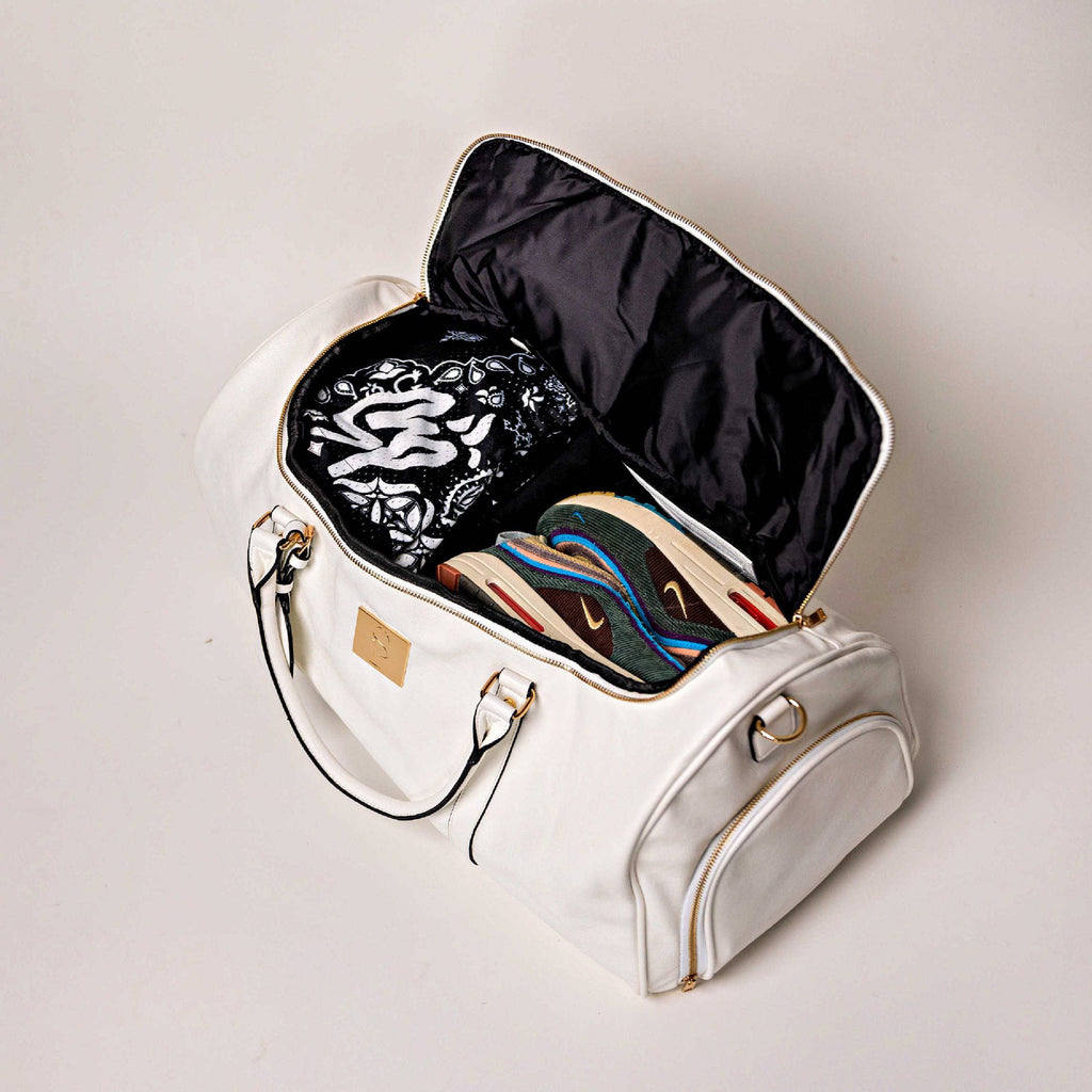 White Leather Weekender Duffle Bag Sole Premise