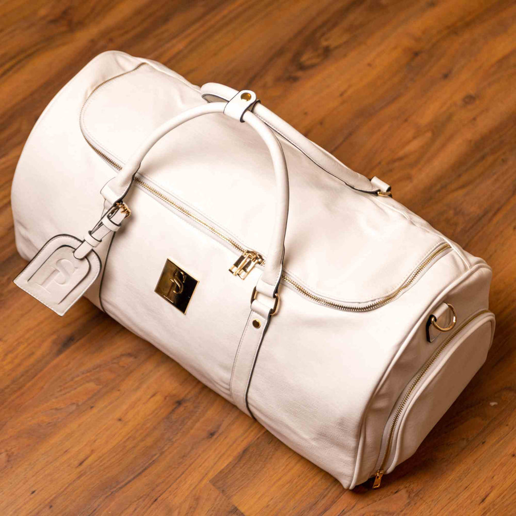 White Leather Weekender Duffle Bag Sole Premise