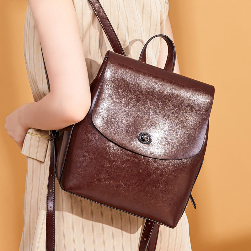 Women's Top Grain Leather Backpack Simple Style City Backpack Natural Cowhide Leather Rucksack Classic Elegant Leather Backpack RockCow Leather Studio