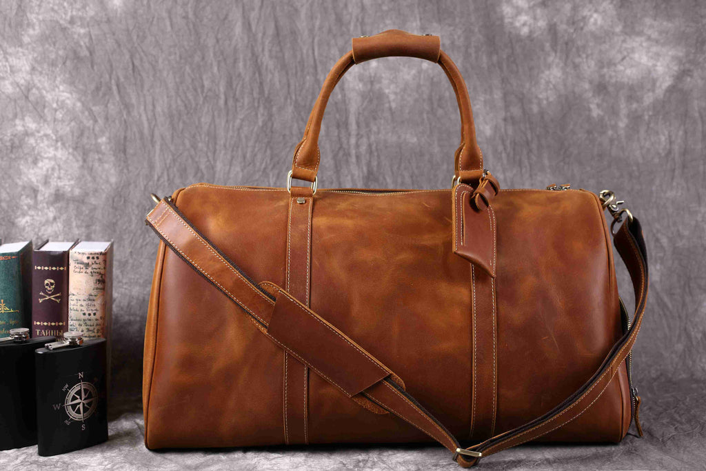 Vintage Crazy Horse Leather Duffle, Weekender with Shoe Compartment RockCow Leather Studio
