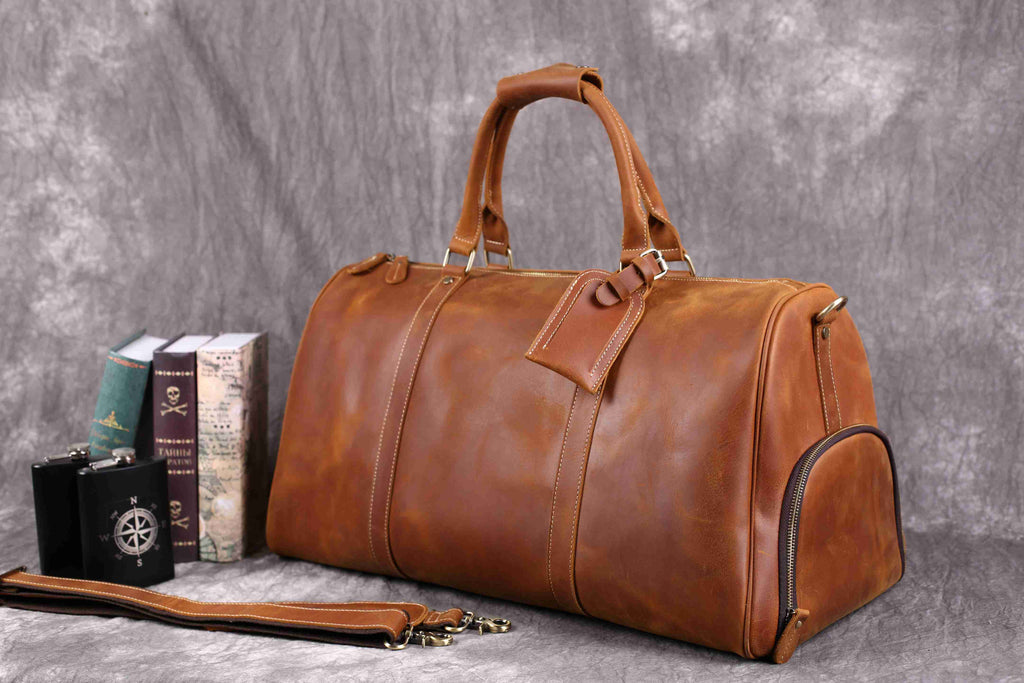 Vintage Crazy Horse Leather Duffle, Weekender with Shoe Compartment RockCow Leather Studio