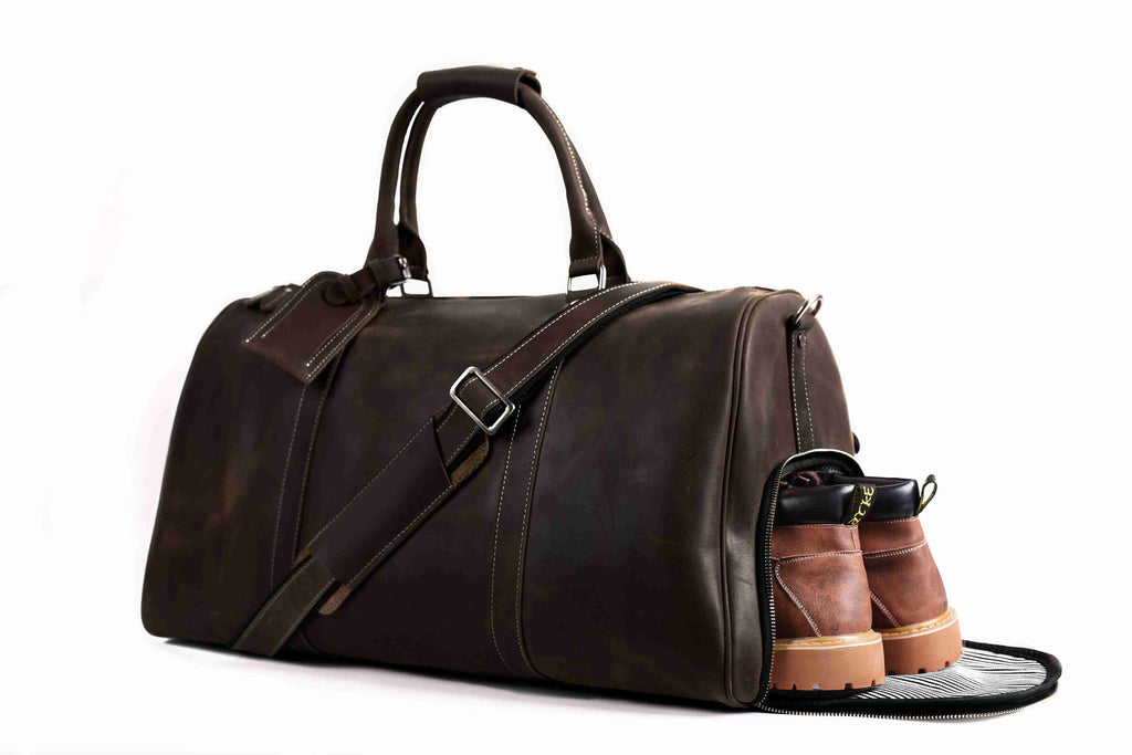 Vintage Crazy Horse Leather Duffle, Weekender with Shoe Compartment RockCow Leather Studio