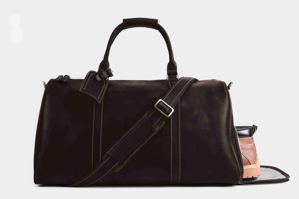 Vintage Crazy Horse Leather Duffle, Weekender with Shoe Compartment RockCow Leather Studio