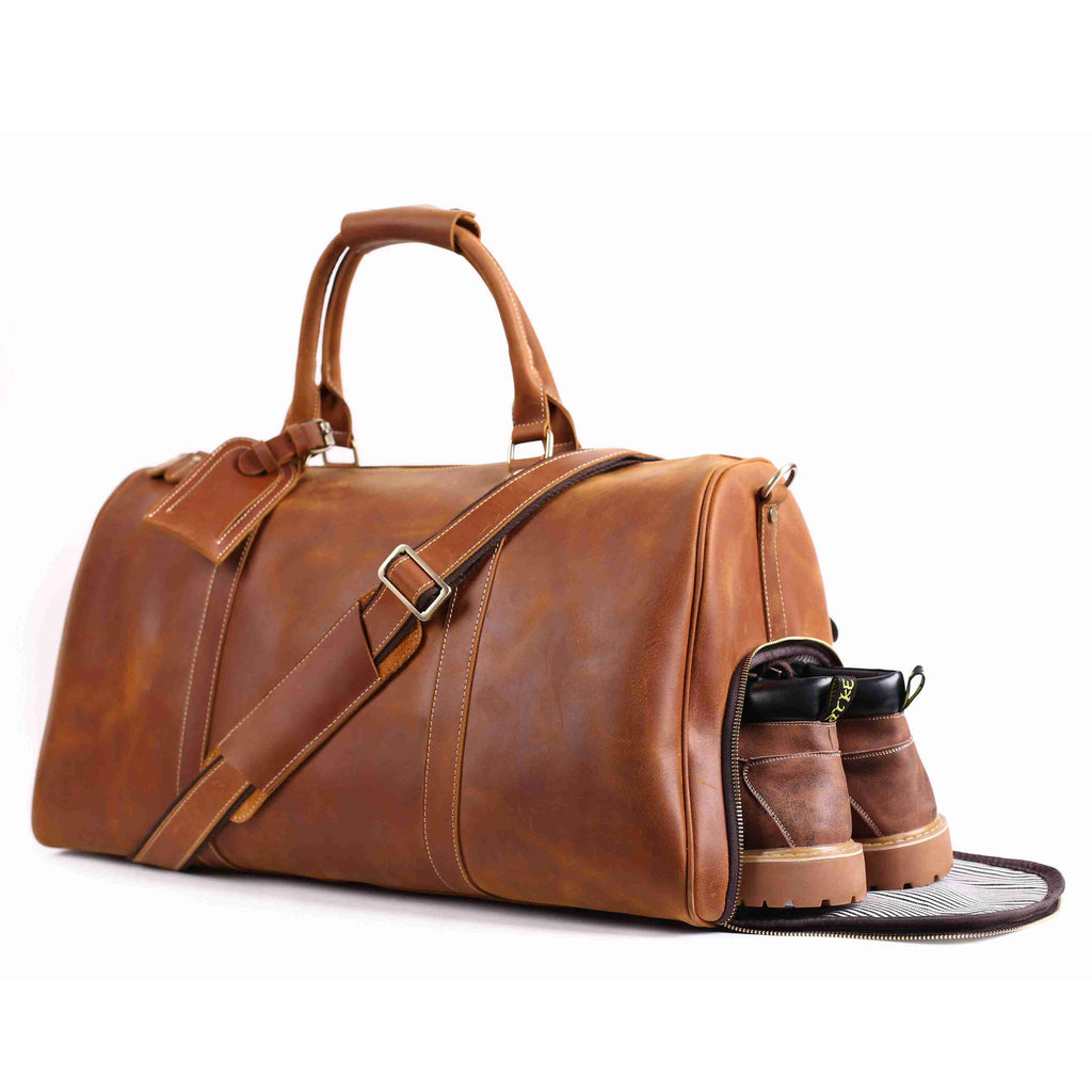 Vintage Crazy Horse Leather Duffle, Weekender with Shoe Compartment RockCow Leather Studio