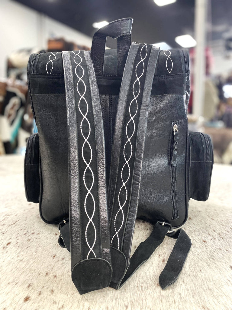 Black Suede leather Boot Stitch Backpack Cowhide and Conchos