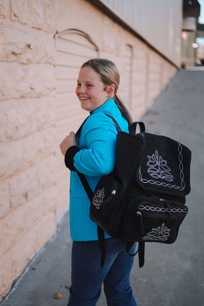 Black Suede leather Boot Stitch Backpack Cowhide and Conchos