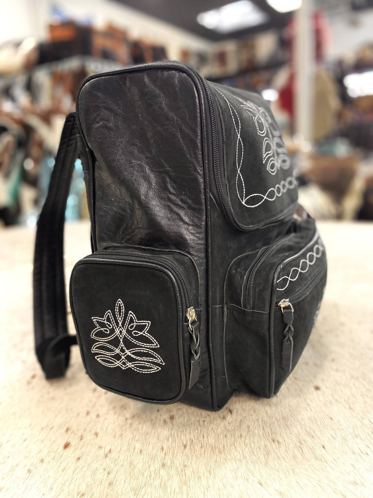 Black Suede leather Boot Stitch Backpack Cowhide and Conchos