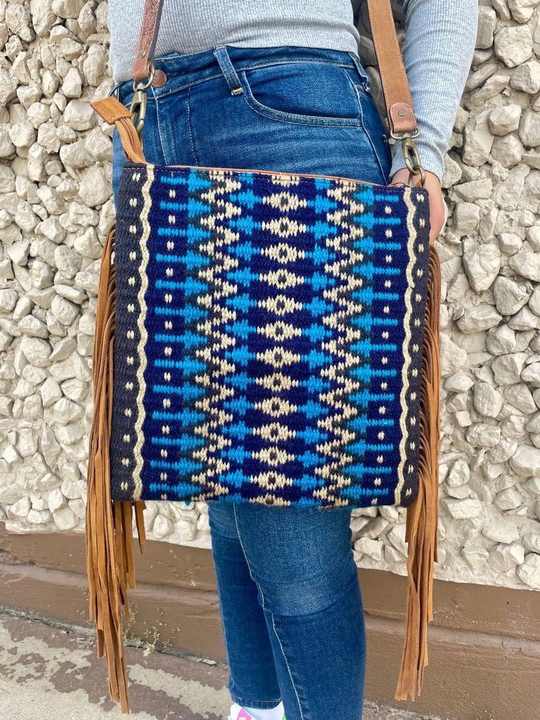 Blue Lake Saddle Blanket Crossbody with Suede Fringe Cowhide and Conchos