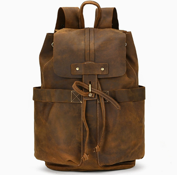 Crazy Horse Leather Men Travel Backpack Retro Laptop Backpack Bucket Backpack RockCow Leather Studio