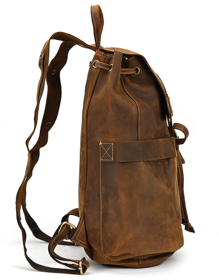 Crazy Horse Leather Men Travel Backpack Retro Laptop Backpack Bucket Backpack RockCow Leather Studio