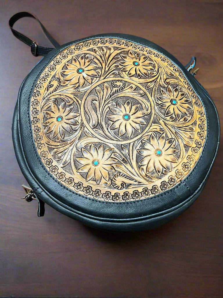Canteen Bag - Green Leather & Hair on Hide Cowhide and Conchos