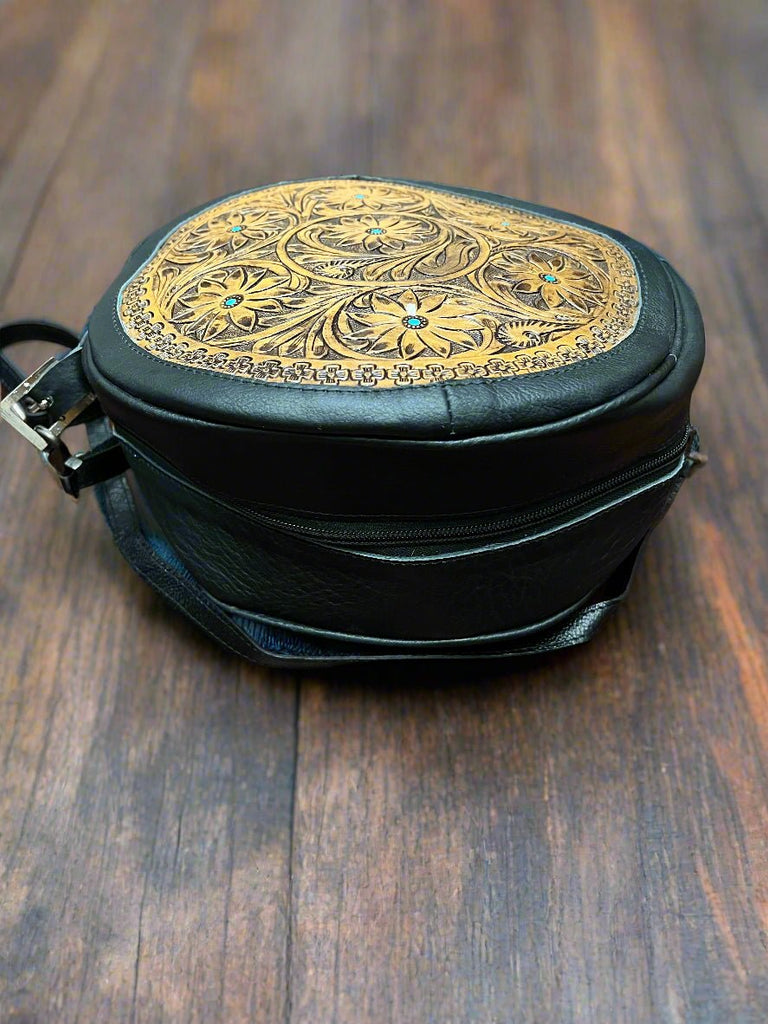 Canteen Bag - Green Leather & Hair on Hide Cowhide and Conchos