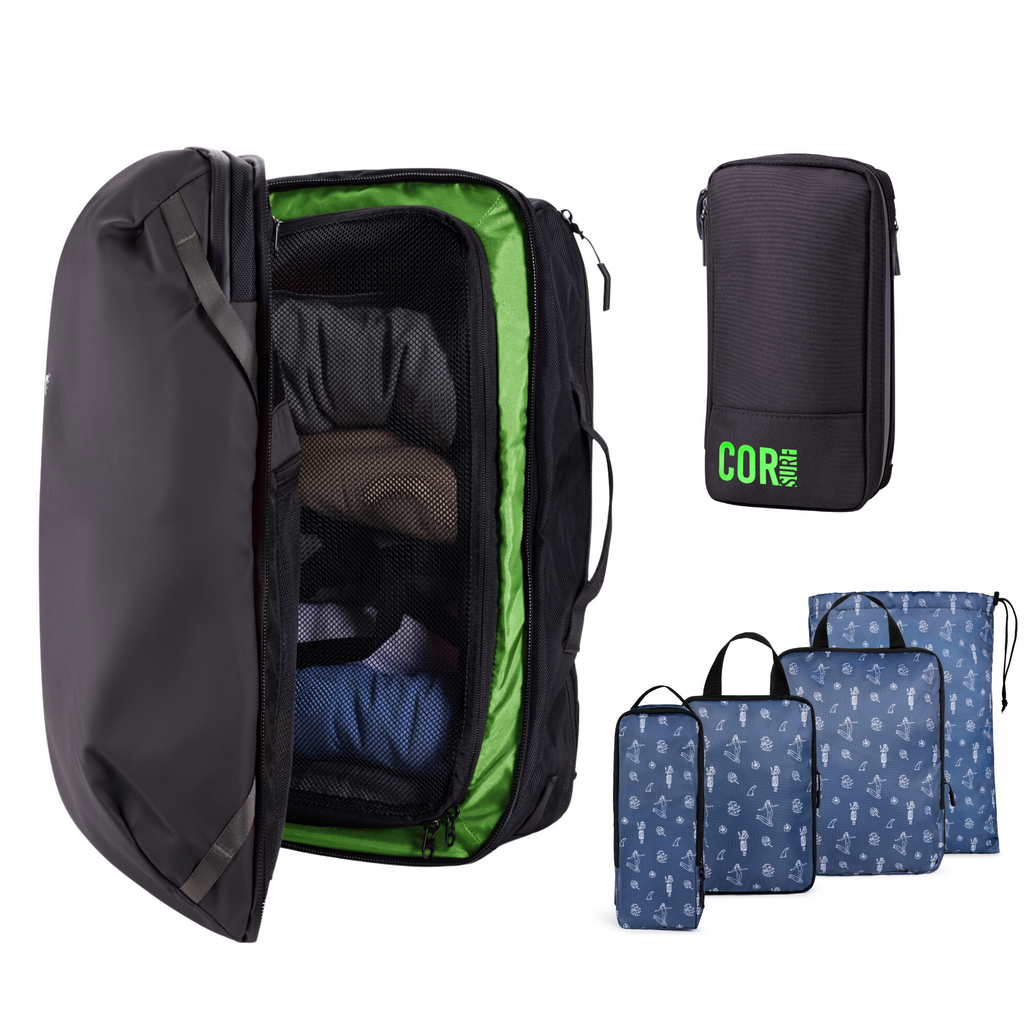 Island Hopper Travel Bundle - Backpack + Toiletry Bag + Compression Packing Cubes with YKK COR Surf