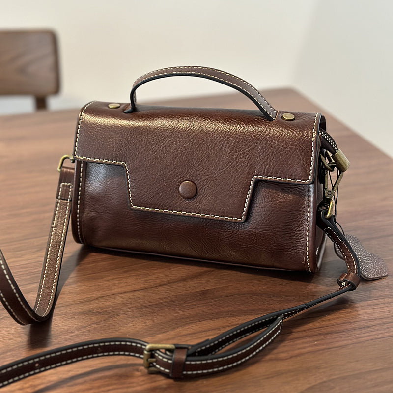 Genuine Leather Satchel handbags, Mini Leather Crossbody Bag with Removable Strap, Vintage Leather City Bag RockCow Leather Studio