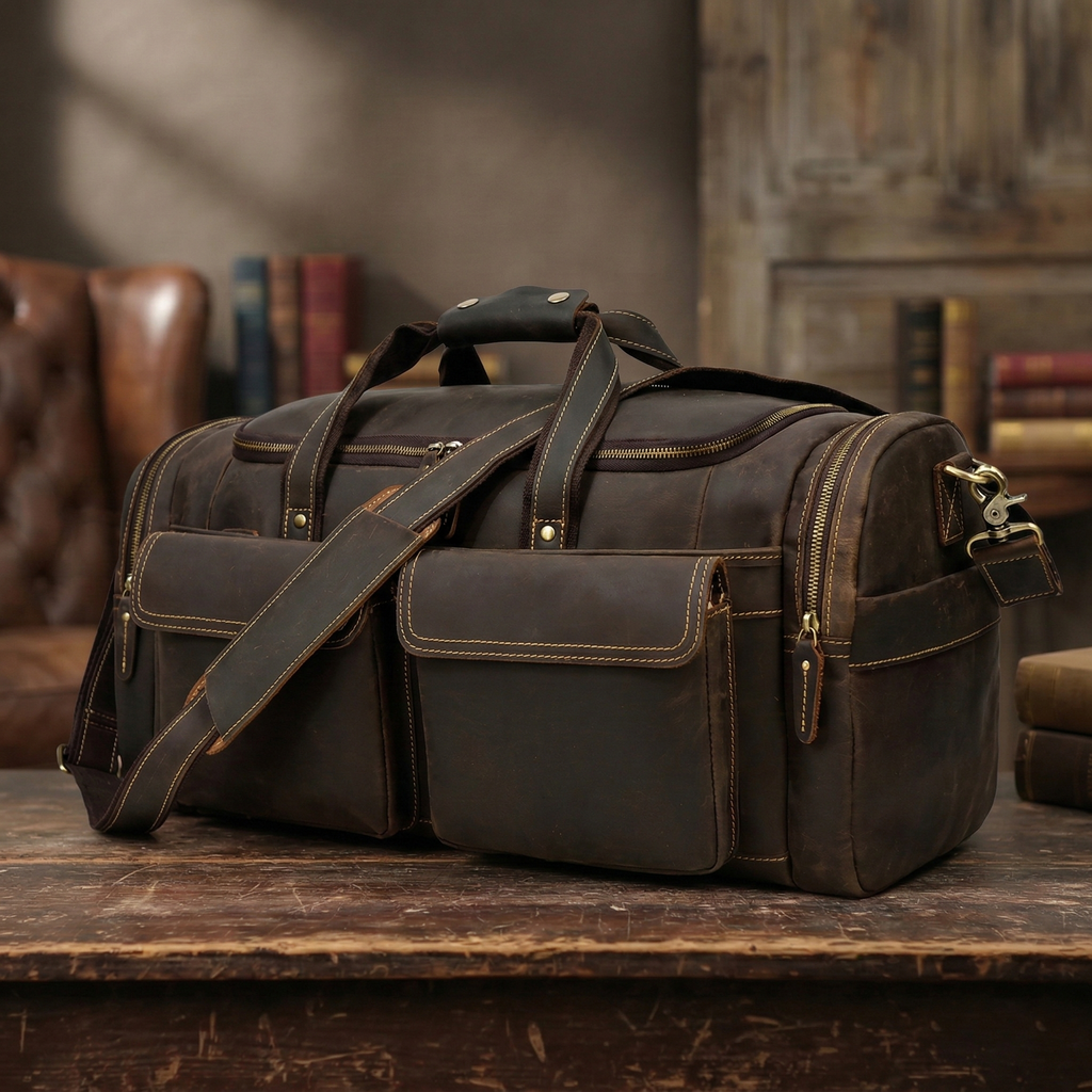 Crazy Horse Leather Duffle Bag Retro Large Capacity Tote Travel Bag Mens Weekender Overnight Bag RockCow Leather Studio