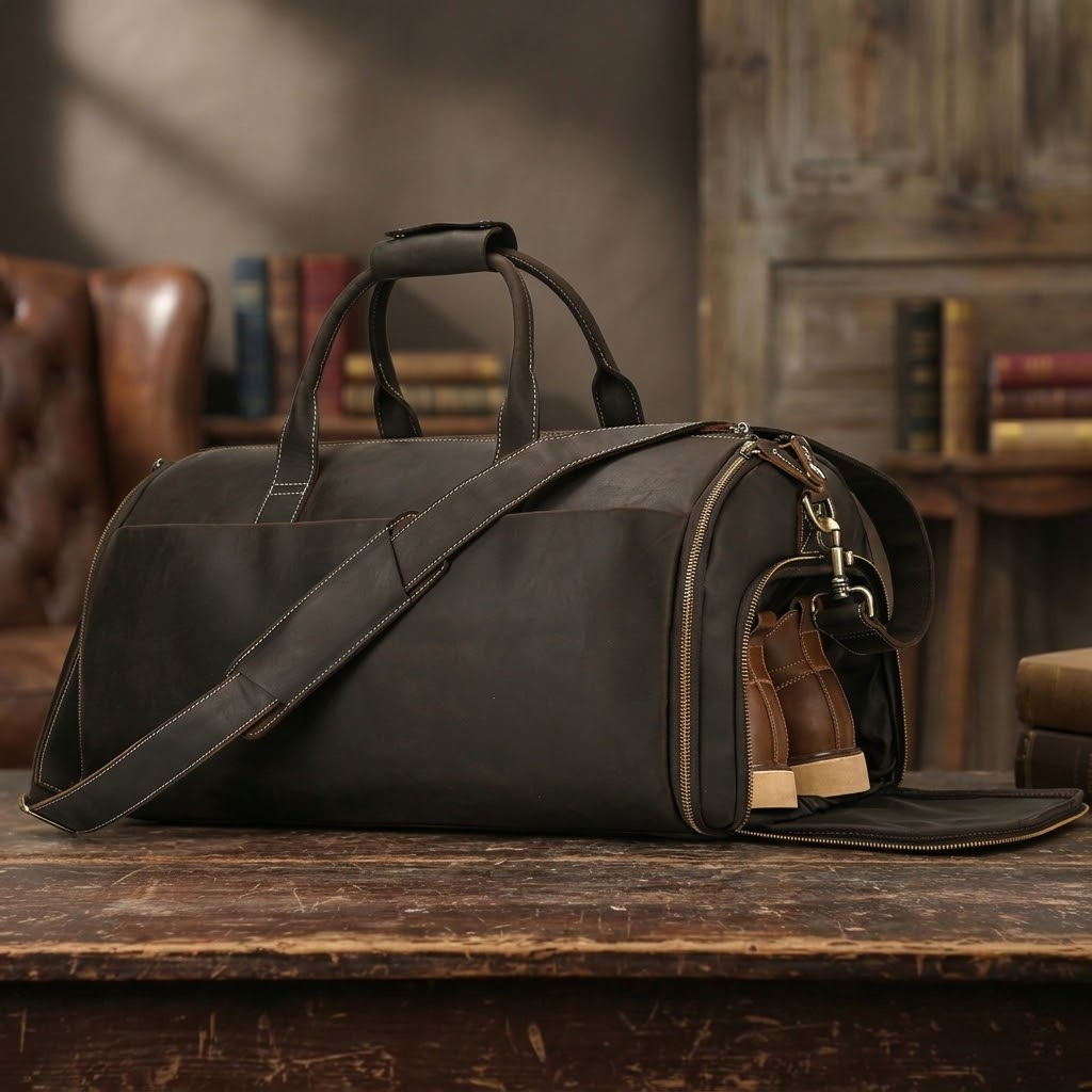 Men's Full Grain Leather Garment Bag, Convertible Weekender Duffel Bag RockCow Leather Studio
