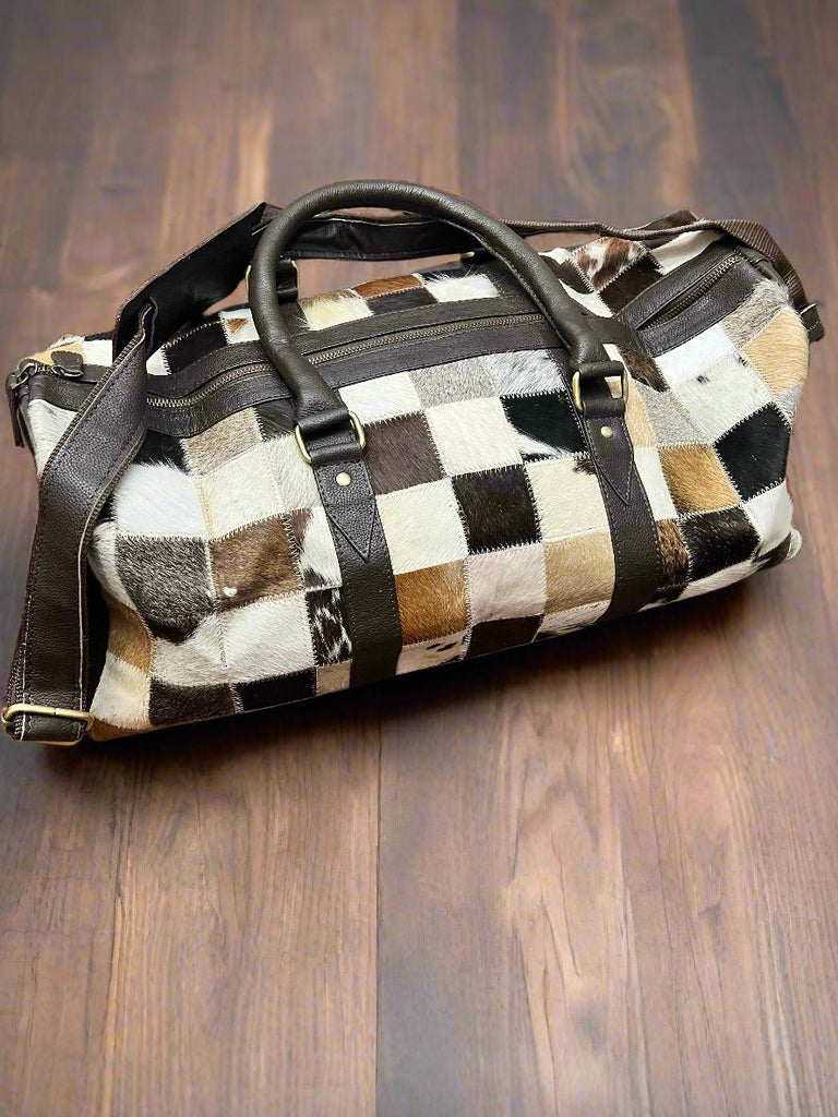 Cowhide Patch Duffle Bag Cowhide and Conchos