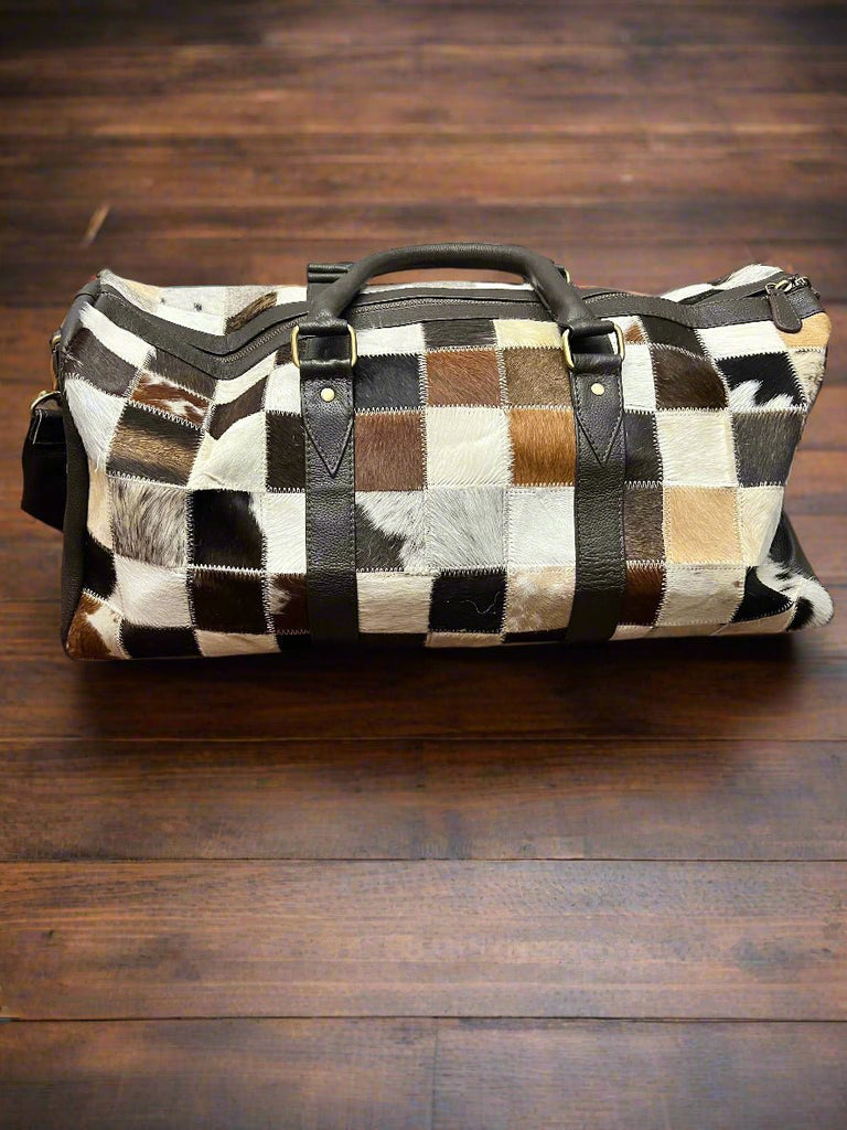 Cowhide Patch Duffle Bag Cowhide and Conchos